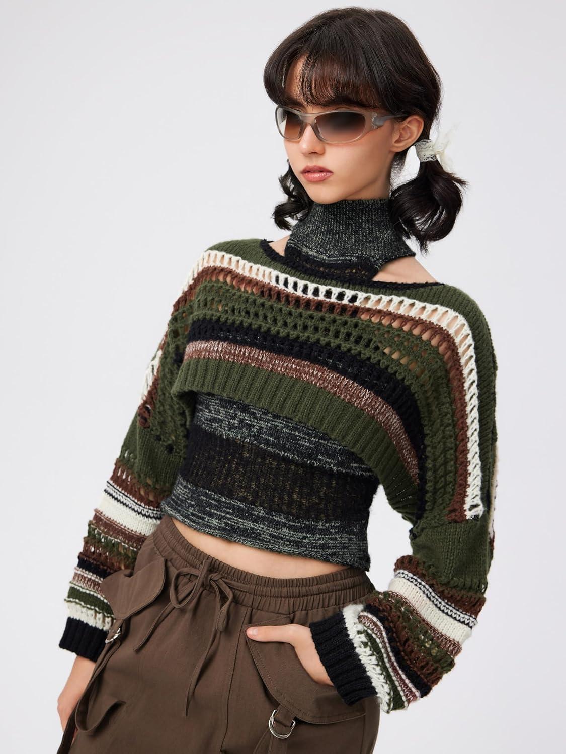 imageCIDER Striped Crochet Crop Tops for Women Long Sleeve Boat Neck Hollow Out Sweater ShrugOlive Green