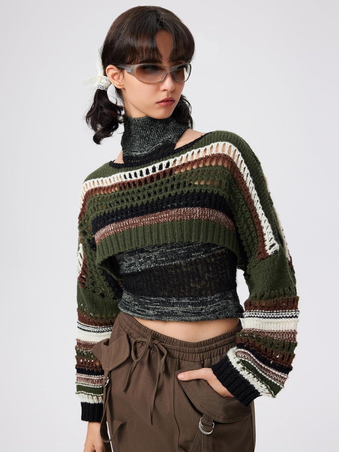 imageCIDER Striped Crochet Crop Tops for Women Long Sleeve Boat Neck Hollow Out Sweater ShrugOlive Green