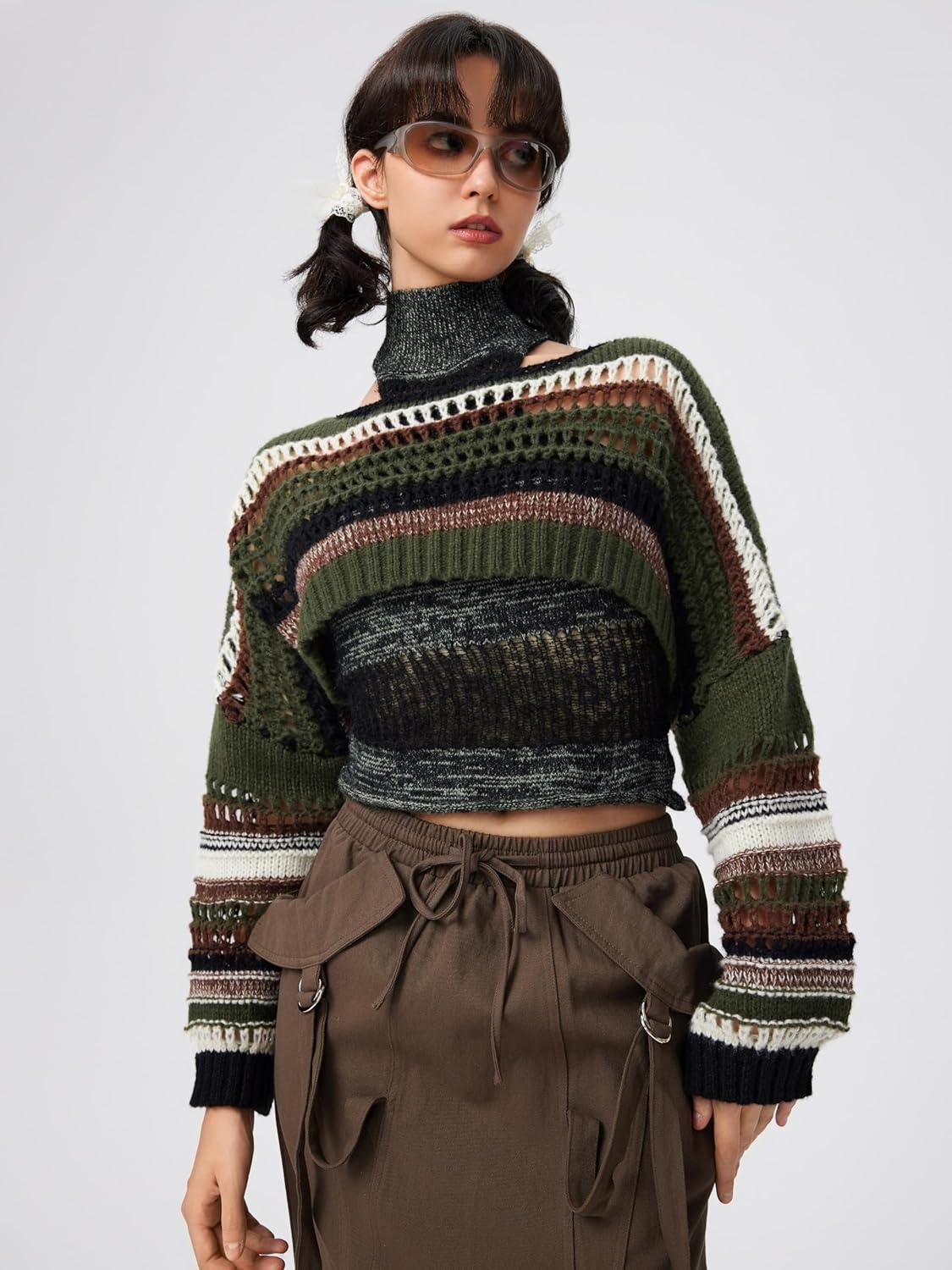 imageCIDER Striped Crochet Crop Tops for Women Long Sleeve Boat Neck Hollow Out Sweater ShrugOlive Green