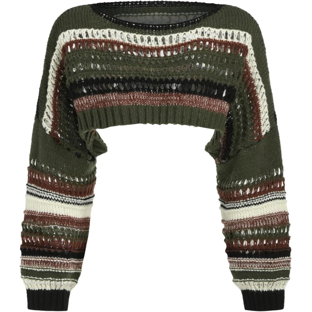 imageCIDER Striped Crochet Crop Tops for Women Long Sleeve Boat Neck Hollow Out Sweater ShrugOlive Green