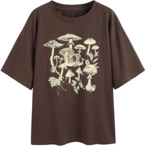 CIDER Jersey Round Neckline Mushroom Short Sleeve Top(Brown)