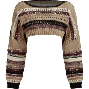 CIDER Striped Crochet Crop Tops for Women Long Sleeve Boat Neck Hollow Out Sweater Shrug(Tan)