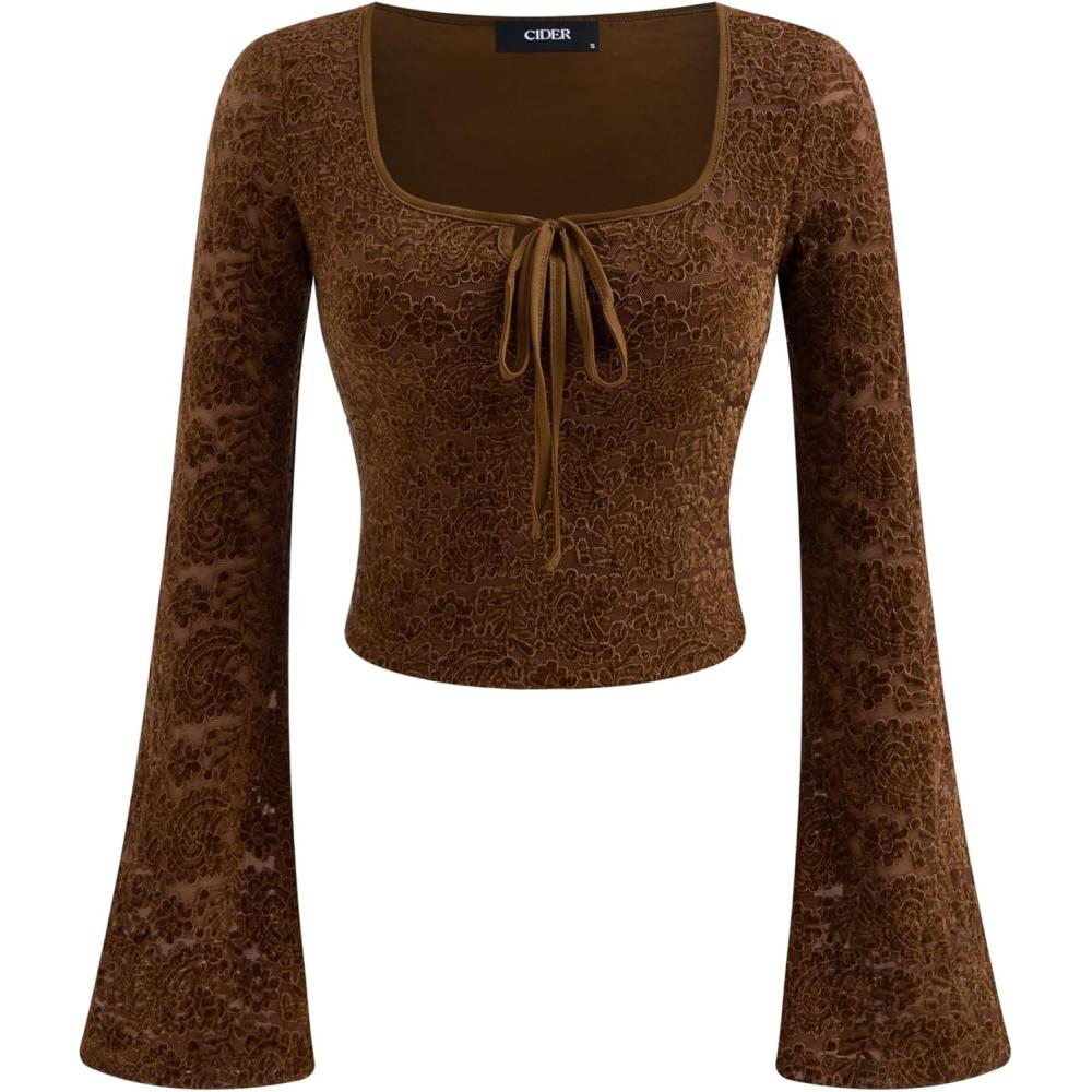 imageCIDER Womens Bell Long Sleeve Shirts Square Neck Lace Casual Going Out Crop Tops