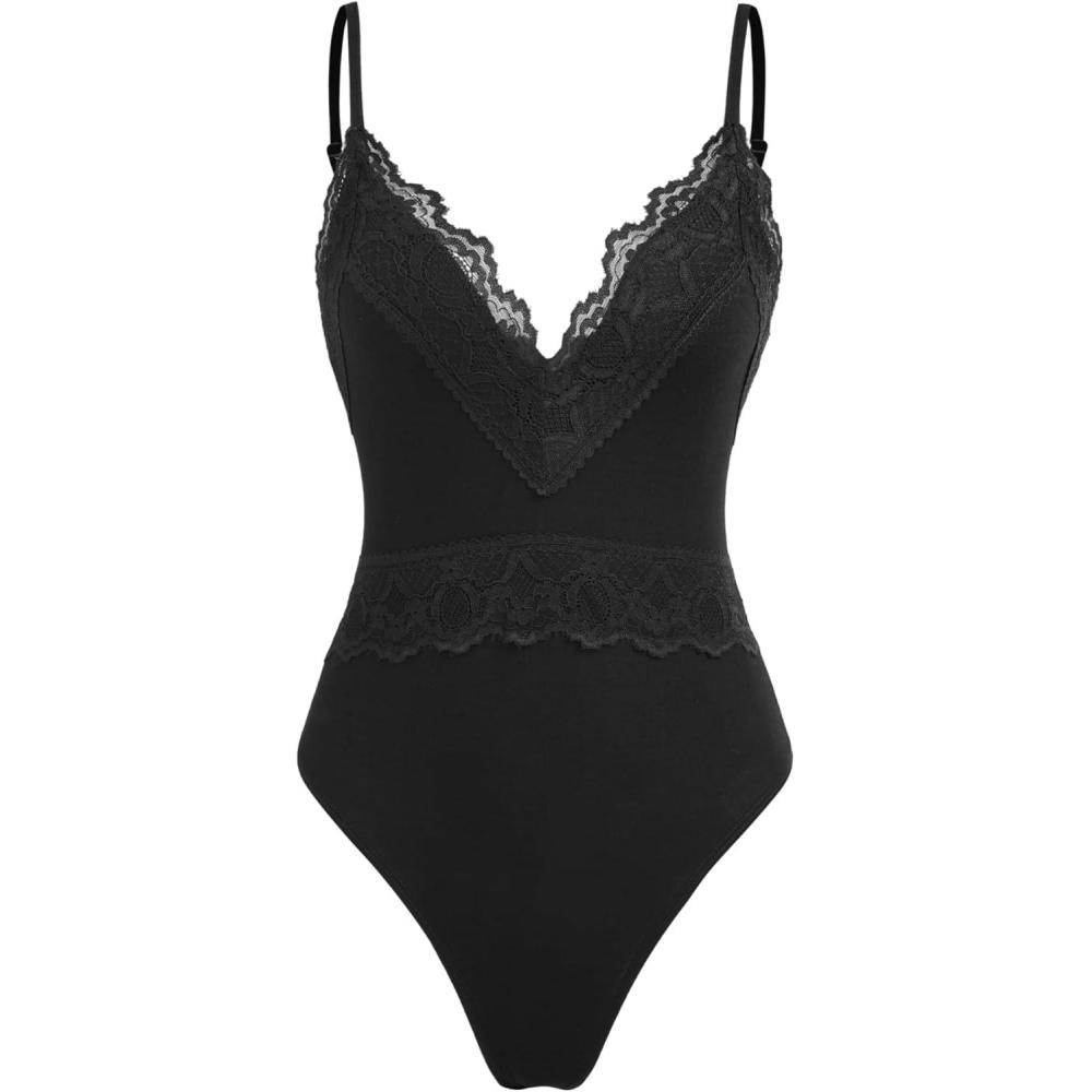 imageCIDER Womens Lace Trim Vneck BodysuitBlack