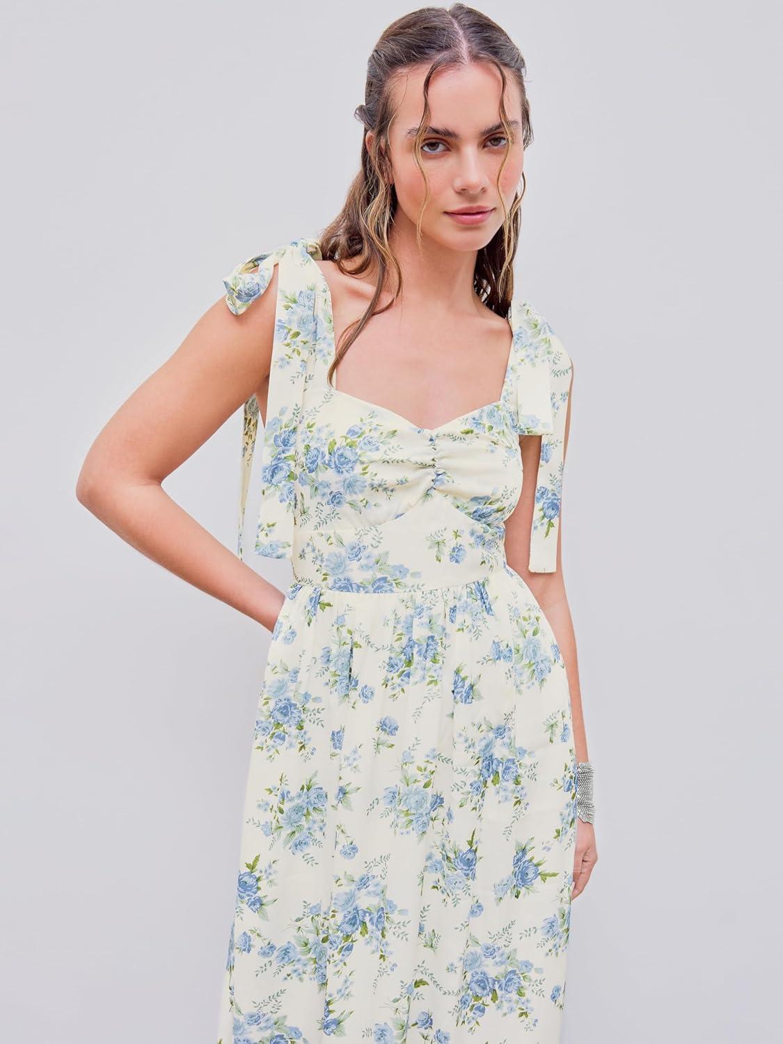 imageCIDER Santorini Beach Vacation VNeck Bowknot Floral Ruffle Hem Midi DressBlue