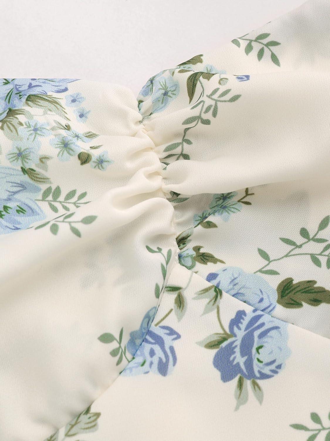 imageCIDER Santorini Beach Vacation VNeck Bowknot Floral Ruffle Hem Midi DressBlue