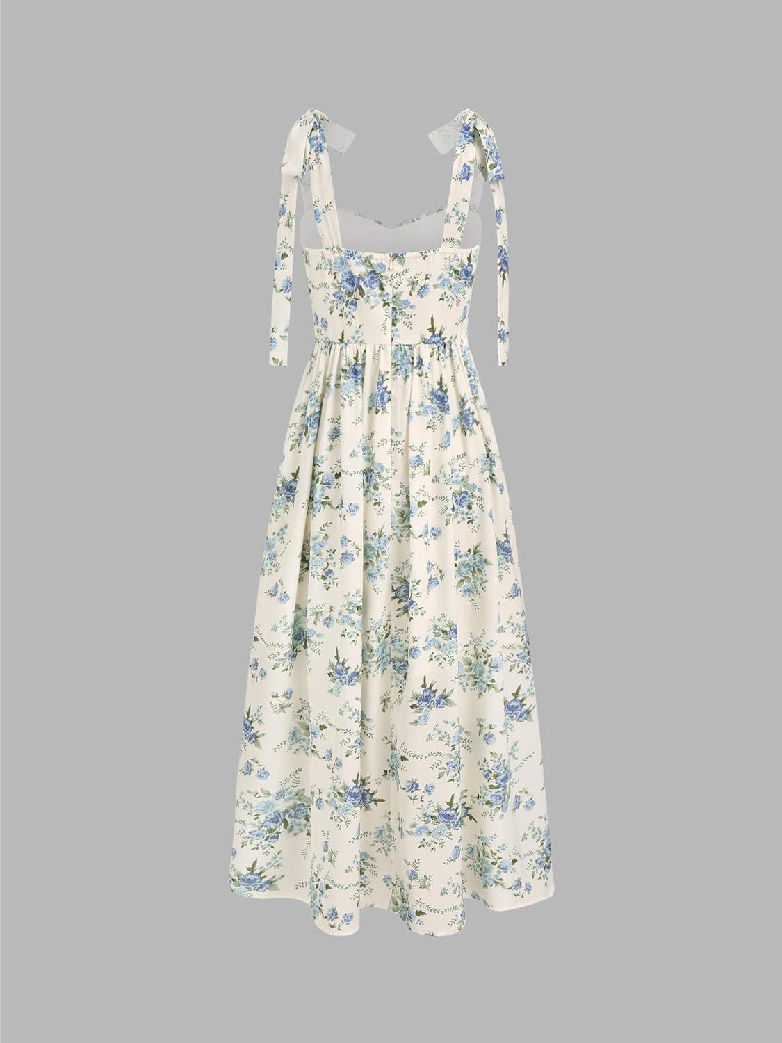 imageCIDER Santorini Beach Vacation VNeck Bowknot Floral Ruffle Hem Midi DressBlue