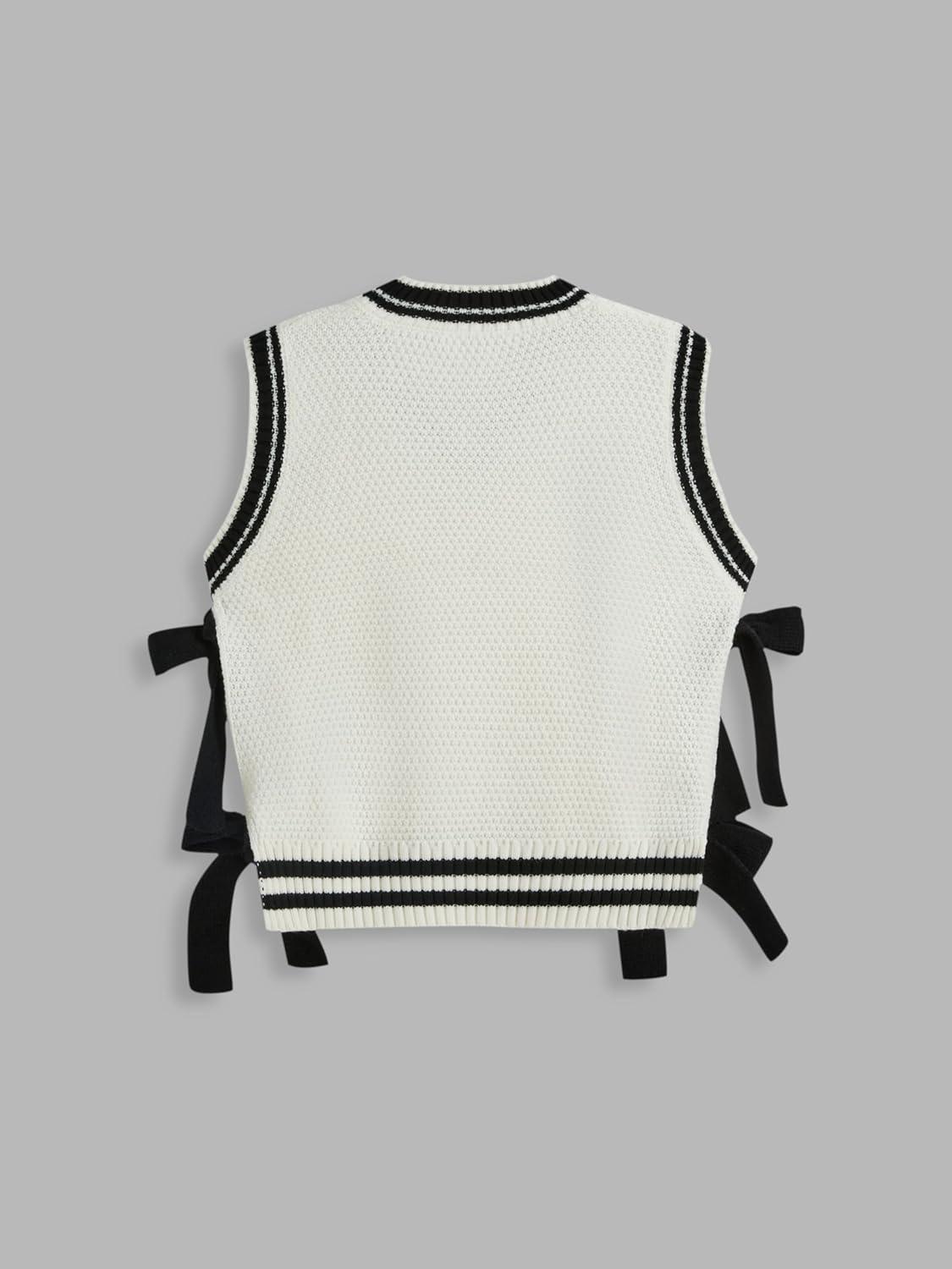 imageCIDER VNeck Solid Bowknot Knitted VestCream