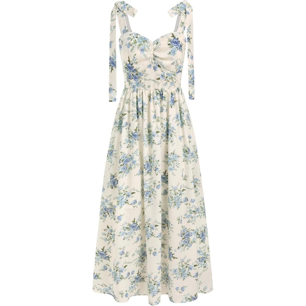 imageCIDER Santorini Beach Vacation VNeck Bowknot Floral Ruffle Hem Midi DressBlue