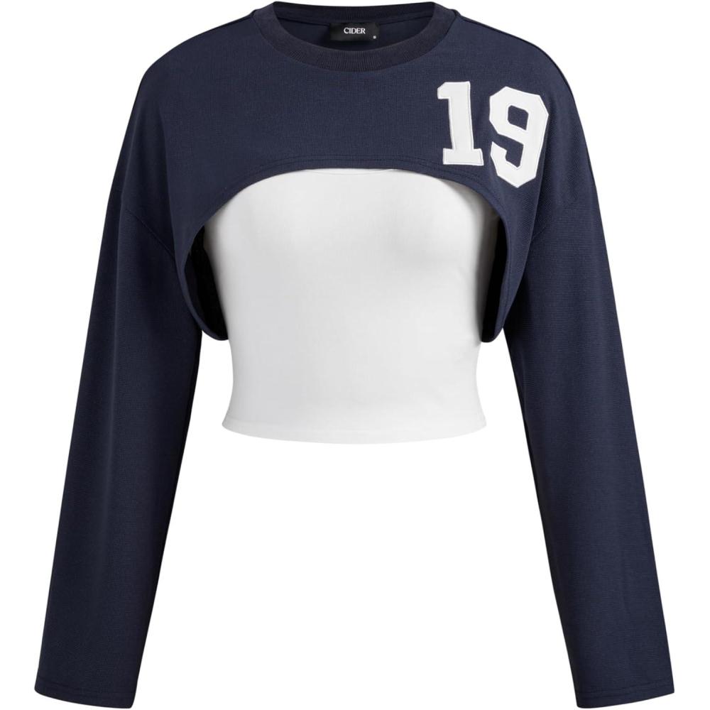 imageCIDER Sweatshirt for Women with Cami Tops Crewneck Long Sleeve Crop Tops Workout Casual Cropped Sweatshirt 2025Navy Blue