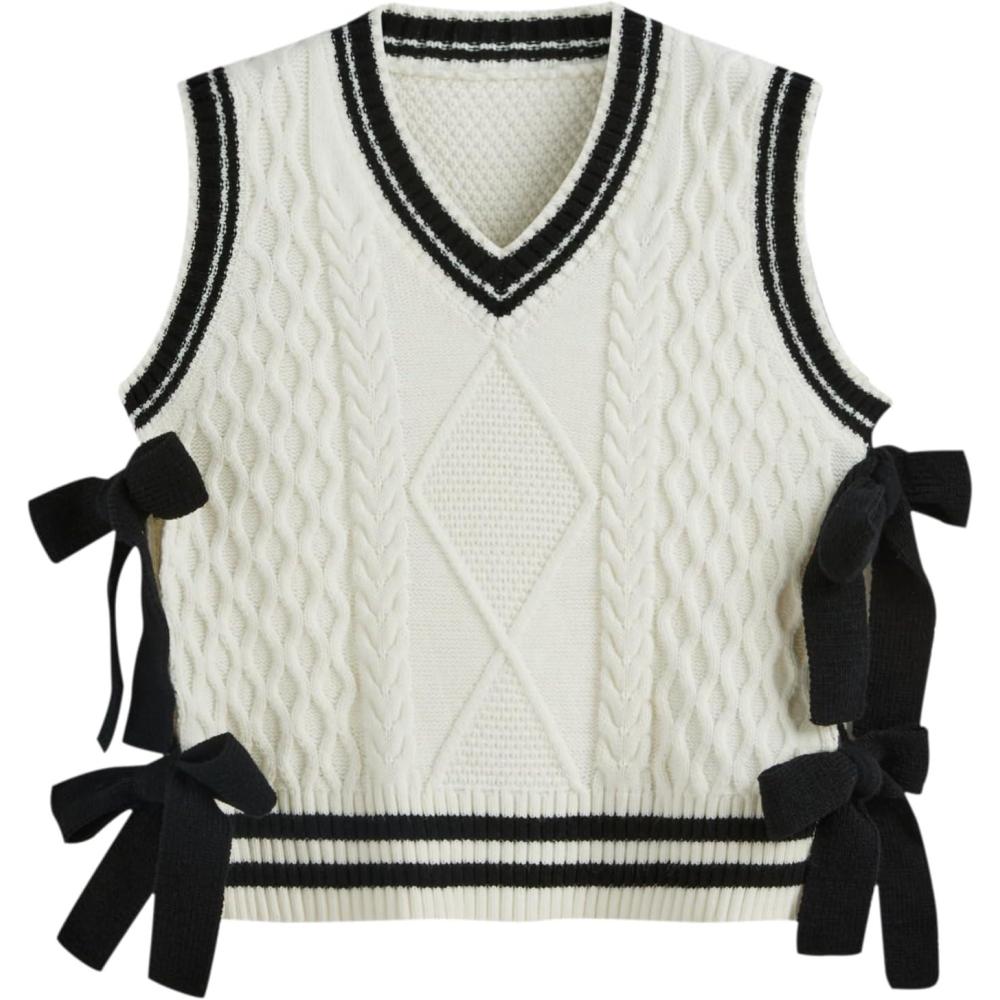 imageCIDER VNeck Solid Bowknot Knitted VestCream