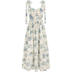 CIDER Santorini Beach Vacation V-Neck Bowknot Floral Ruffle Hem Midi Dress(Blue)
