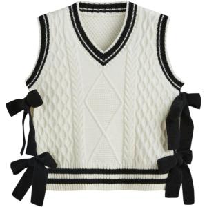 CIDER V-Neck Solid Bowknot Knitted Vest(Cream)