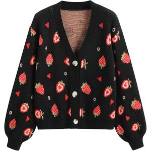 CIDER V-Neck Strawberry Button Cardigan(Black)