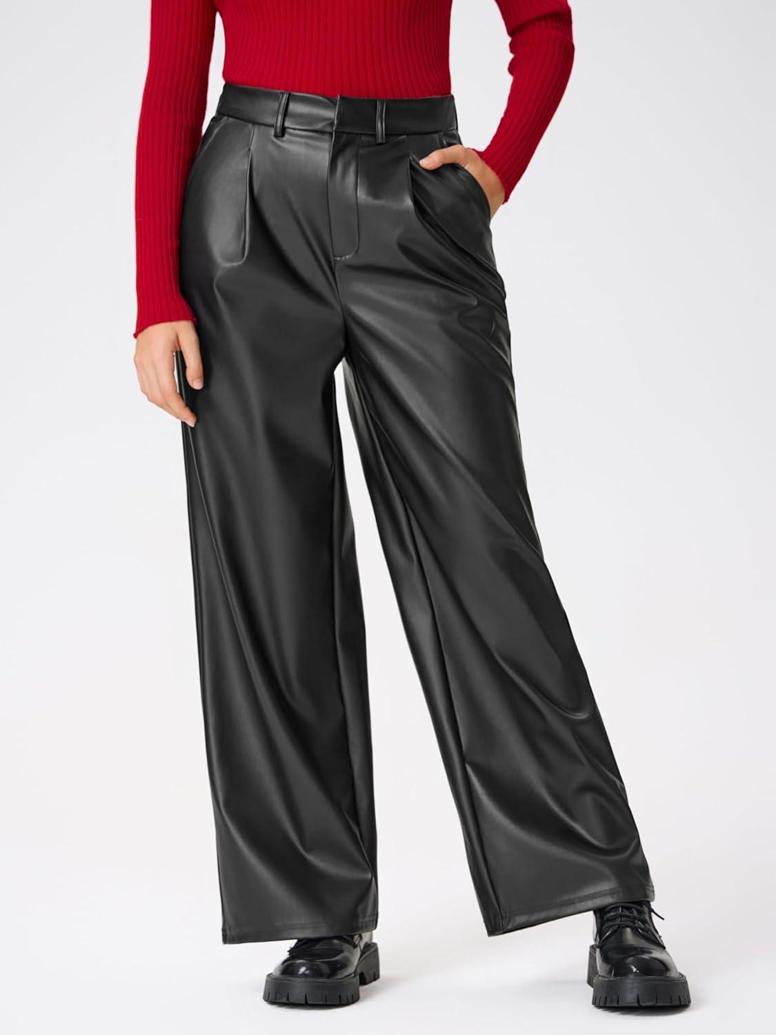 imageCIDER Faux Leather High Waist Solid Pocket Wide Leg TrousersBlack