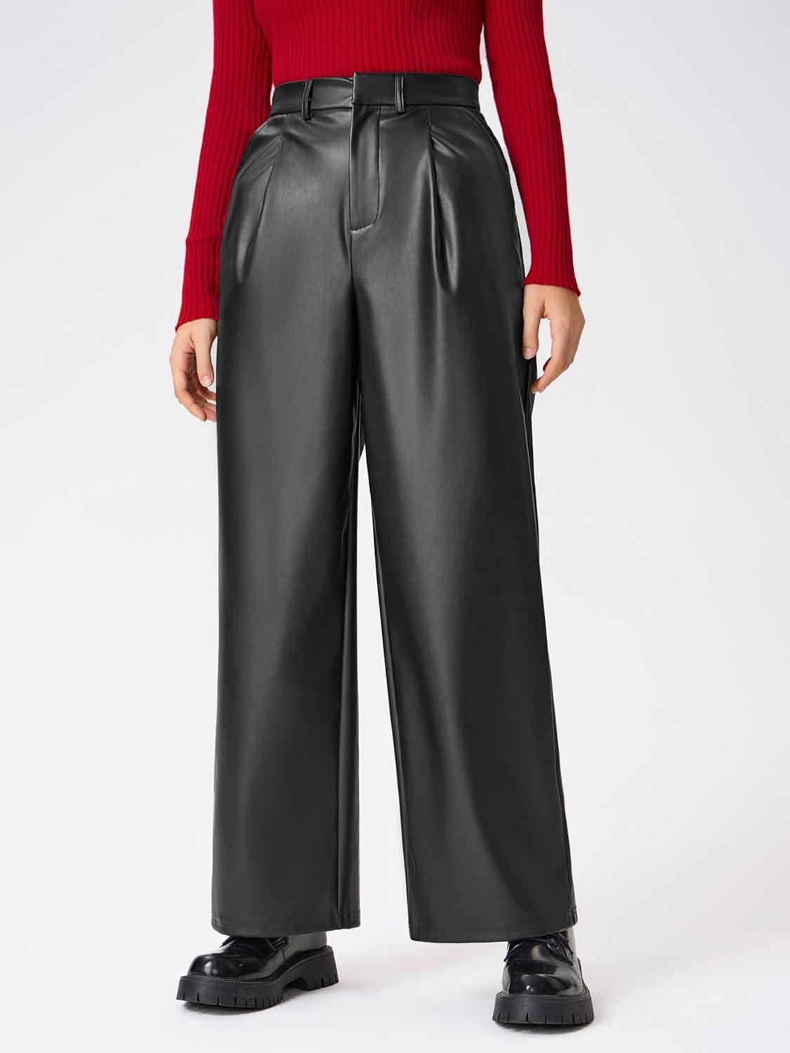 imageCIDER Faux Leather High Waist Solid Pocket Wide Leg TrousersBlack