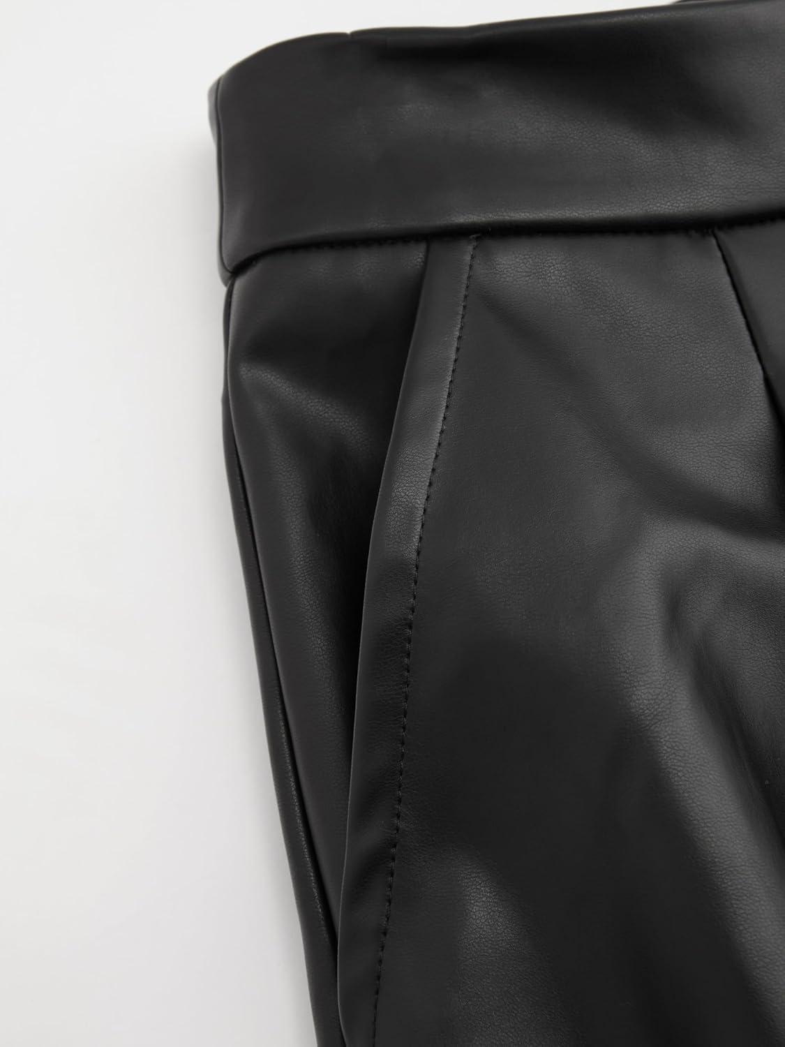 imageCIDER Faux Leather High Waist Solid Pocket Wide Leg TrousersBlack