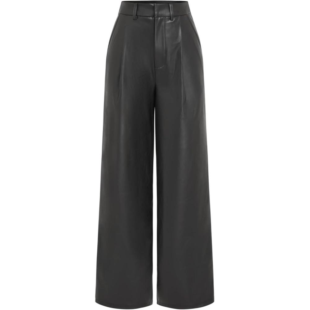 imageCIDER Faux Leather High Waist Solid Pocket Wide Leg TrousersBlack