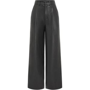 CIDER Faux Leather High Waist Solid Pocket Wide Leg Trousers(Black)