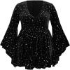 imageCIDER Womens Velvet Vneck Star ampamp Moon Pattern Bell Sleeve Romper Plus SizeBlack