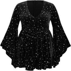 CIDER Women’s Velvet V-neck Star & Moon Pattern Bell Sleeve Romper Plus Size(Black)