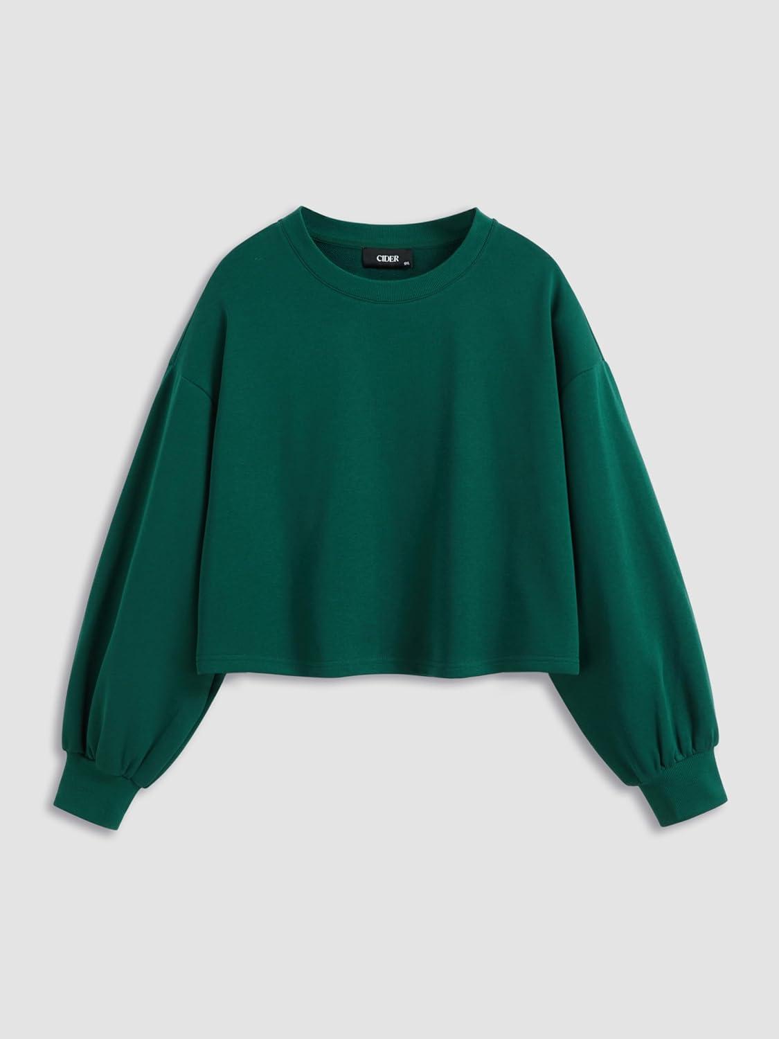 imageCIDER Cottonblend Round Neckline Solid Long Sleeve Oversized Sweatshirt Curve ampamp PlusDark Green
