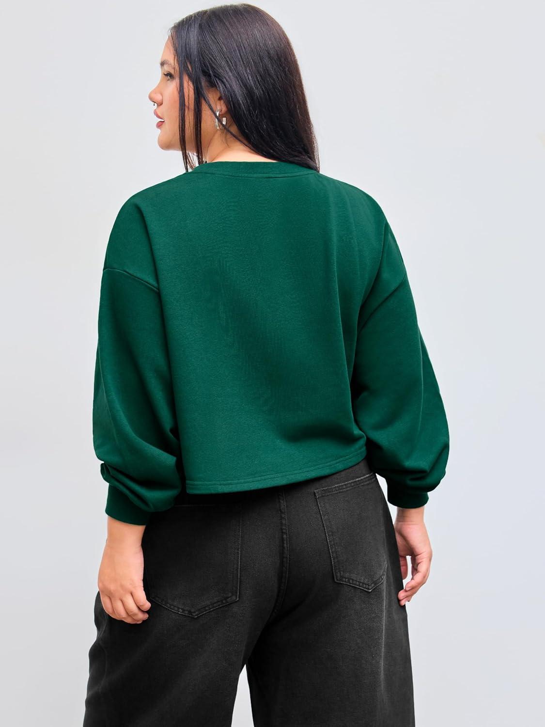 imageCIDER Cottonblend Round Neckline Solid Long Sleeve Oversized Sweatshirt Curve ampamp PlusDark Green