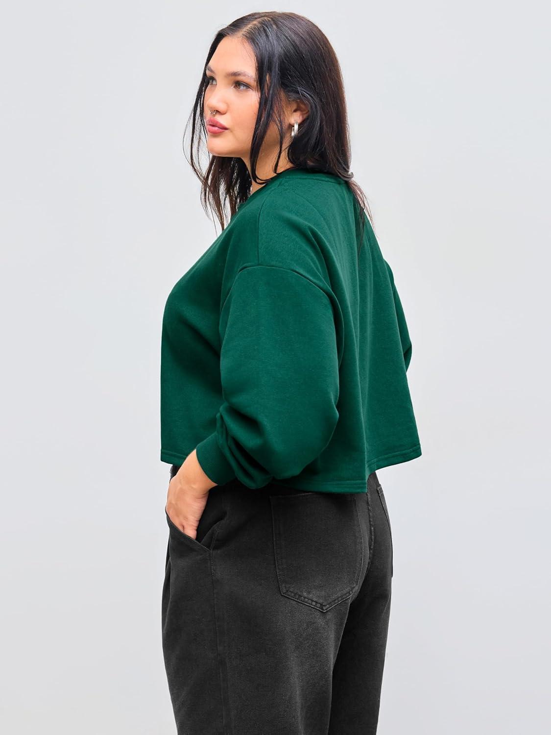 imageCIDER Cottonblend Round Neckline Solid Long Sleeve Oversized Sweatshirt Curve ampamp PlusDark Green