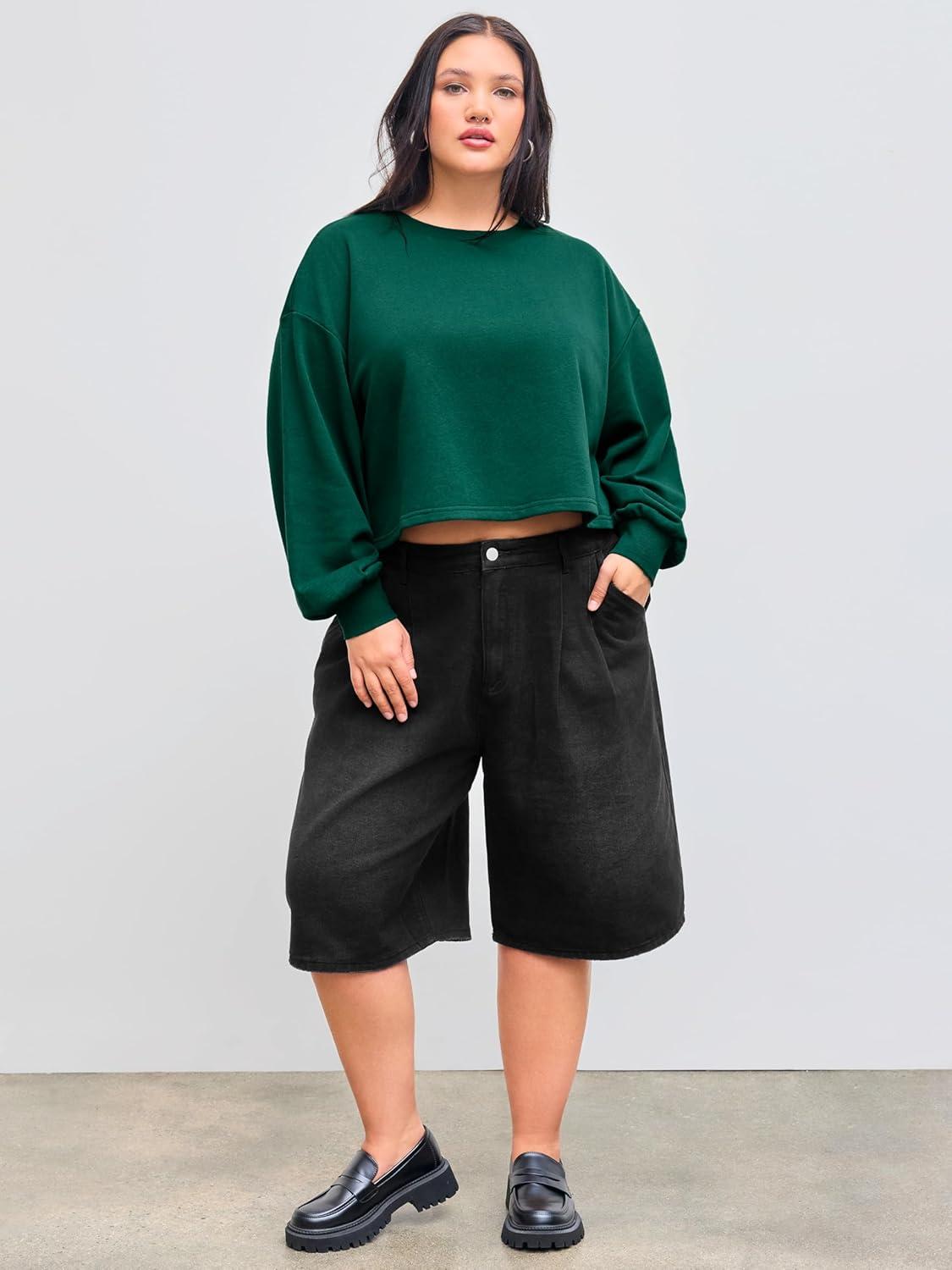 imageCIDER Cottonblend Round Neckline Solid Long Sleeve Oversized Sweatshirt Curve ampamp PlusDark Green