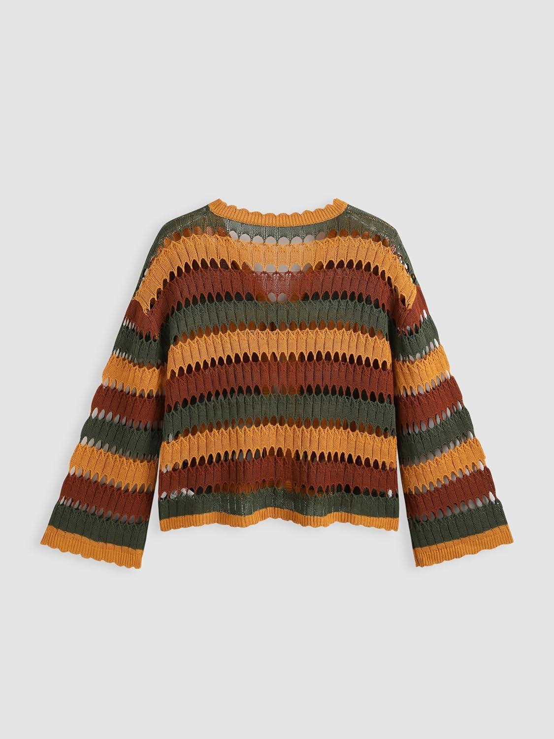 imageCIDER Jersey Knit Scoop Neckline Striped Hollow Out Cardigan Curve ampamp PlusMulticolor