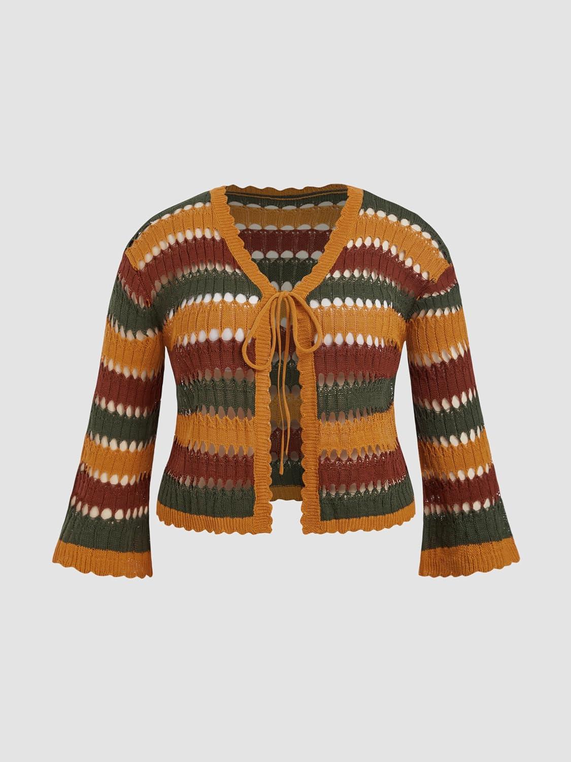 imageCIDER Jersey Knit Scoop Neckline Striped Hollow Out Cardigan Curve ampamp PlusMulticolor