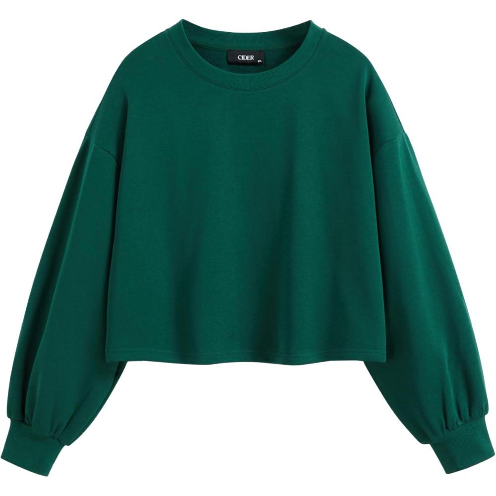 imageCIDER Cottonblend Round Neckline Solid Long Sleeve Oversized Sweatshirt Curve ampamp PlusDark Green