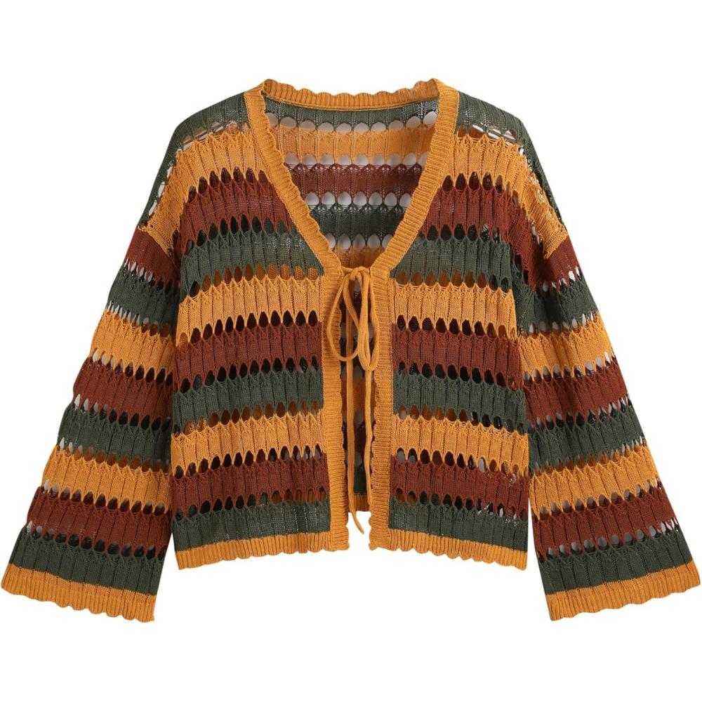 imageCIDER Jersey Knit Scoop Neckline Striped Hollow Out Cardigan Curve ampamp PlusMulticolor