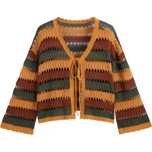 CIDER Jersey Knit Scoop Neckline Striped Hollow Out Cardigan Curve & Plus(Multicolor)