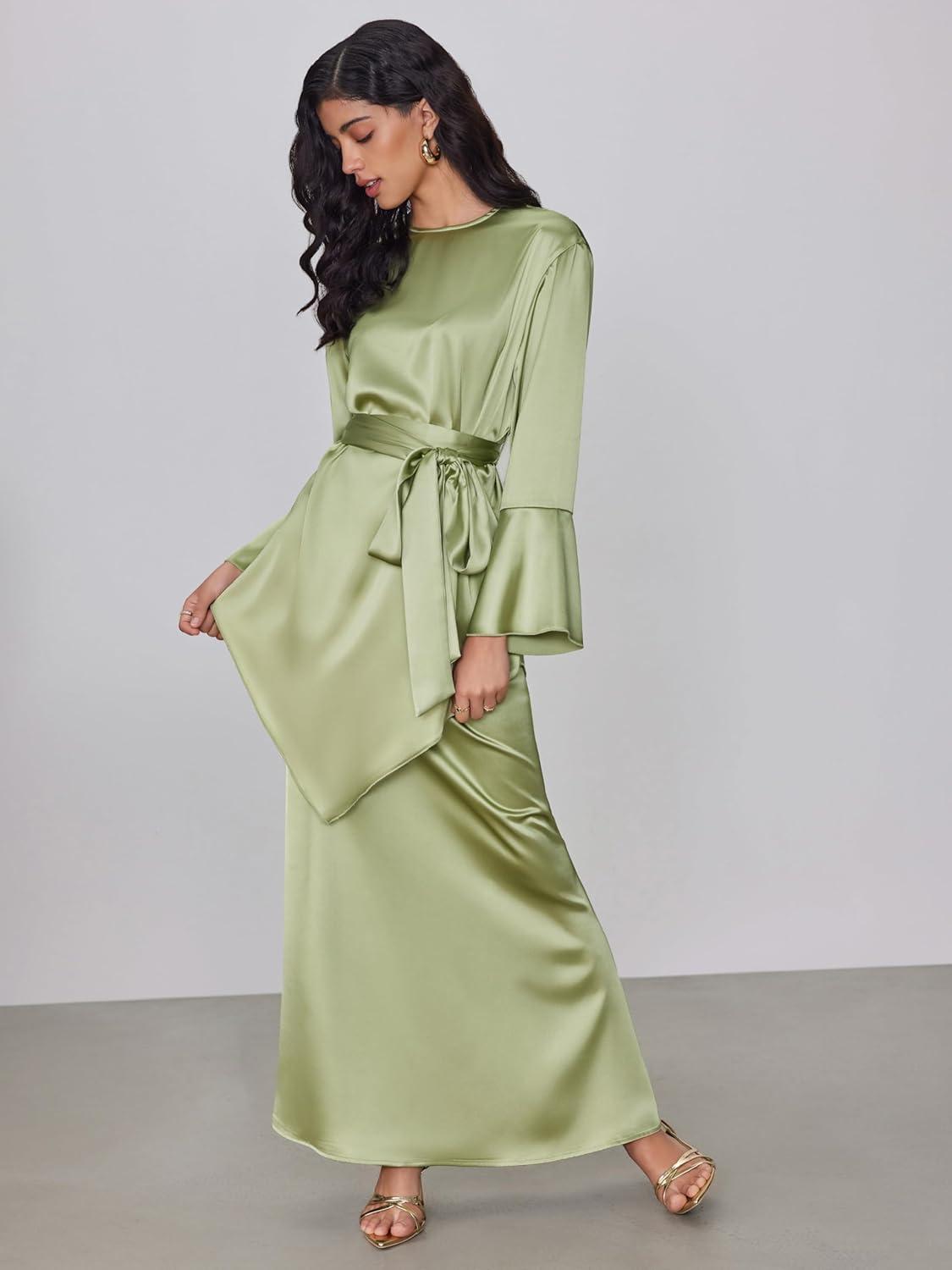 imageCIDER Round Neck Lace Up Long Sleeve Blouse ampamp Maxi SkirtLight Green