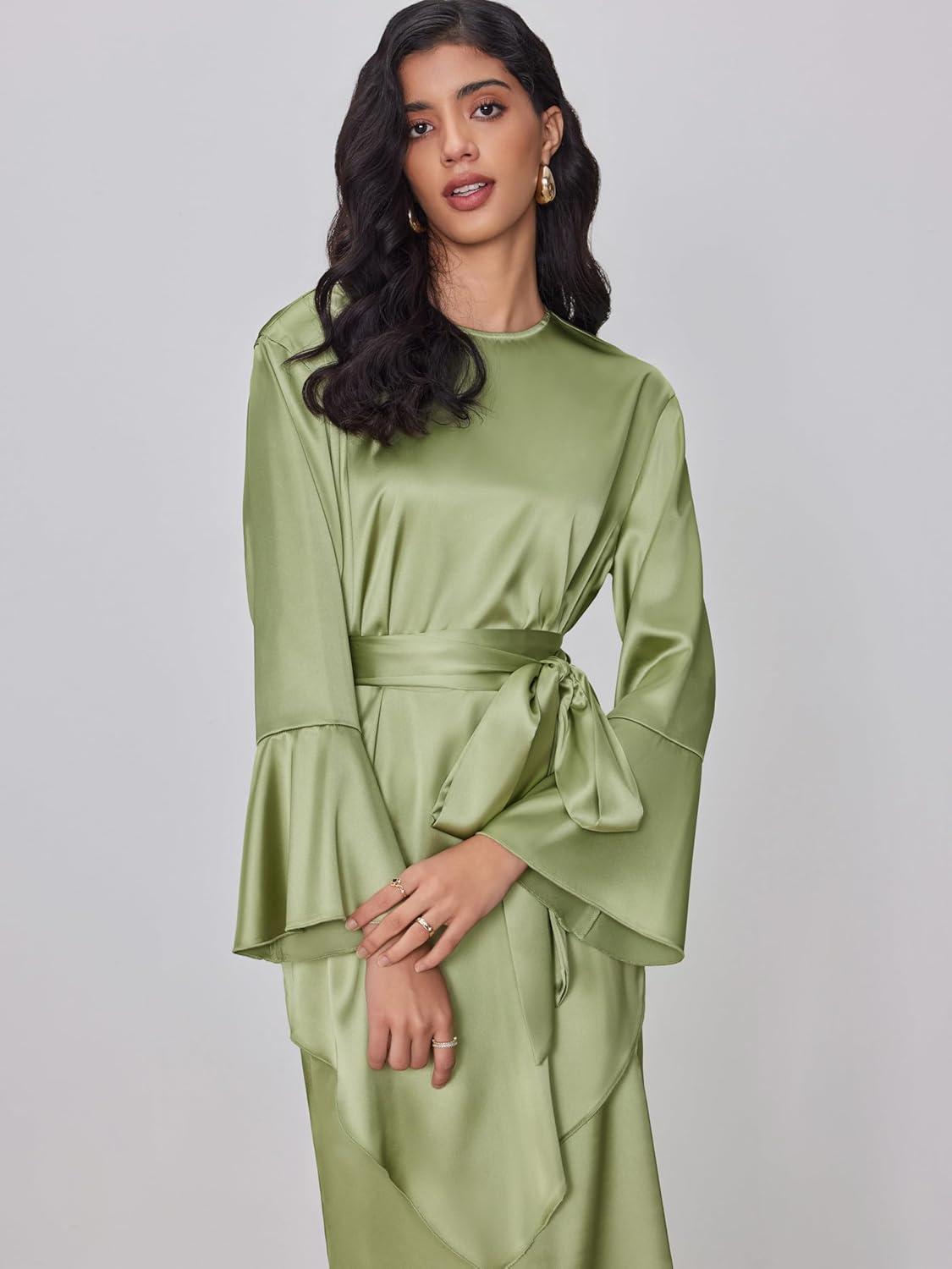 imageCIDER Round Neck Lace Up Long Sleeve Blouse ampamp Maxi SkirtLight Green