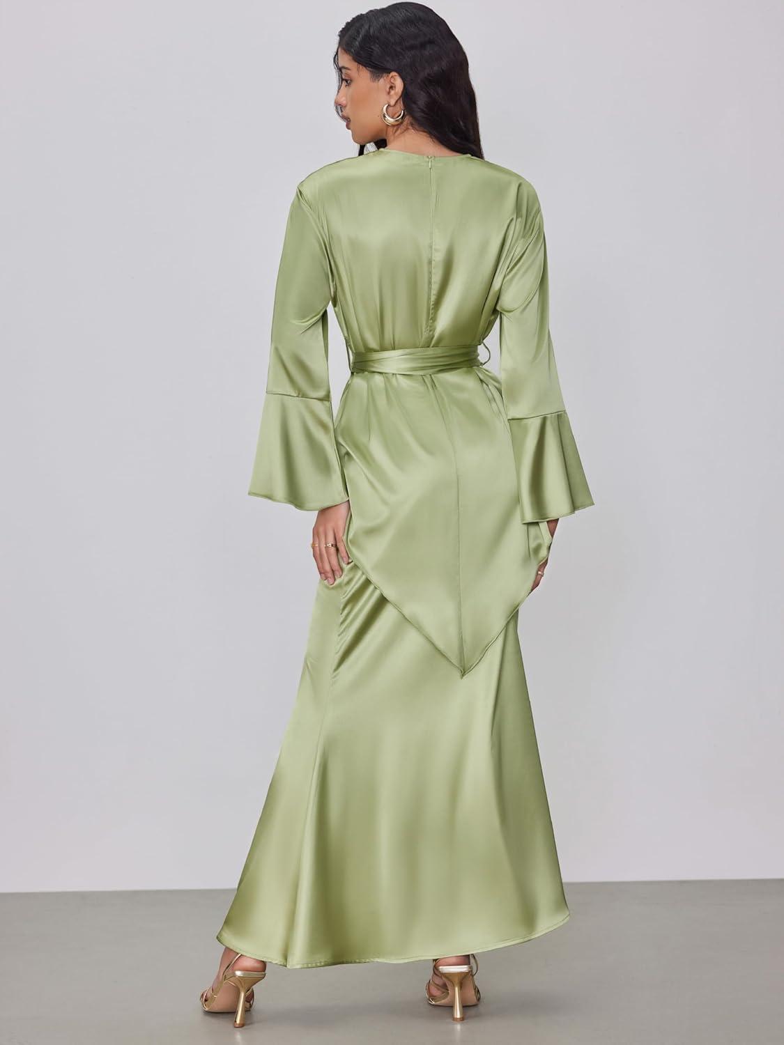 imageCIDER Round Neck Lace Up Long Sleeve Blouse ampamp Maxi SkirtLight Green