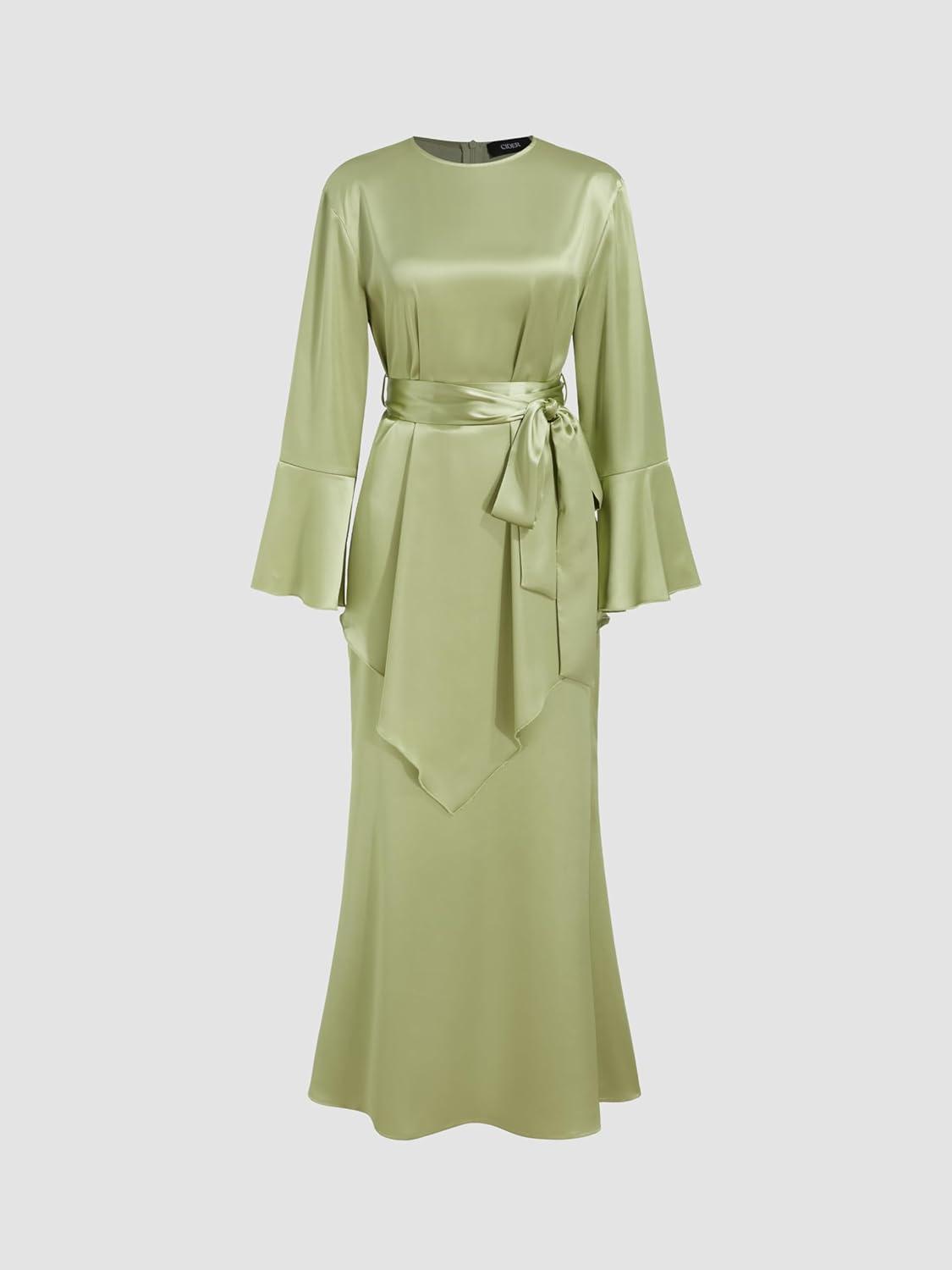 imageCIDER Round Neck Lace Up Long Sleeve Blouse ampamp Maxi SkirtLight Green