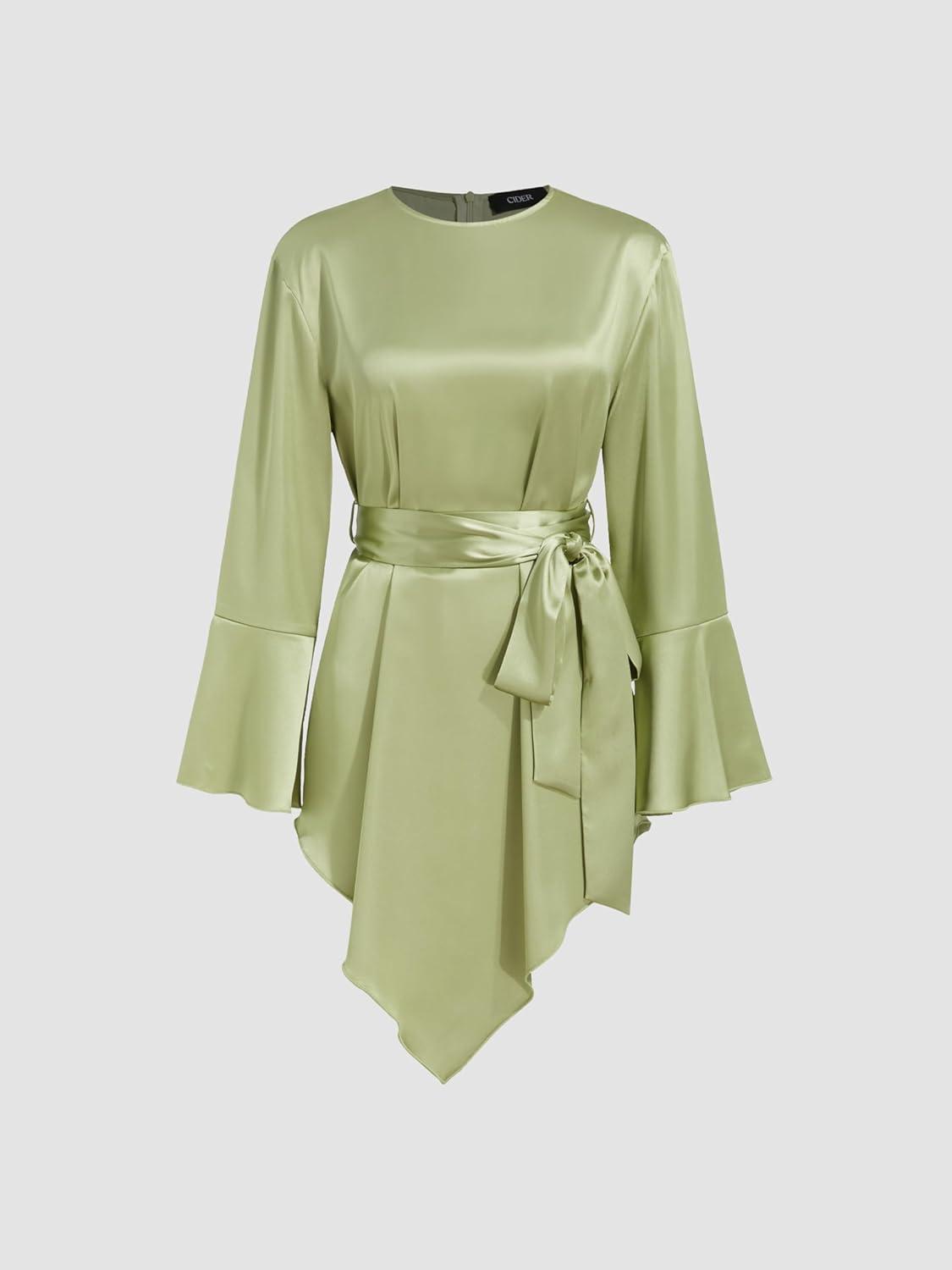 imageCIDER Round Neck Lace Up Long Sleeve Blouse ampamp Maxi SkirtLight Green