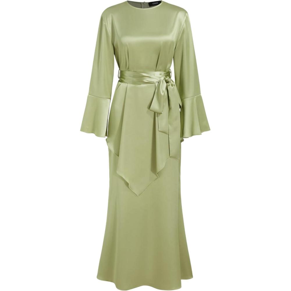 imageCIDER Round Neck Lace Up Long Sleeve Blouse ampamp Maxi SkirtLight Green