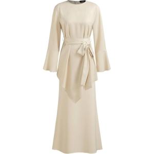 CIDER Round Neck Lace Up Long Sleeve Blouse & Maxi Skirt(Beige)