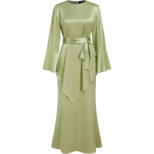 CIDER Round Neck Lace Up Long Sleeve Blouse & Maxi Skirt(Light Green)