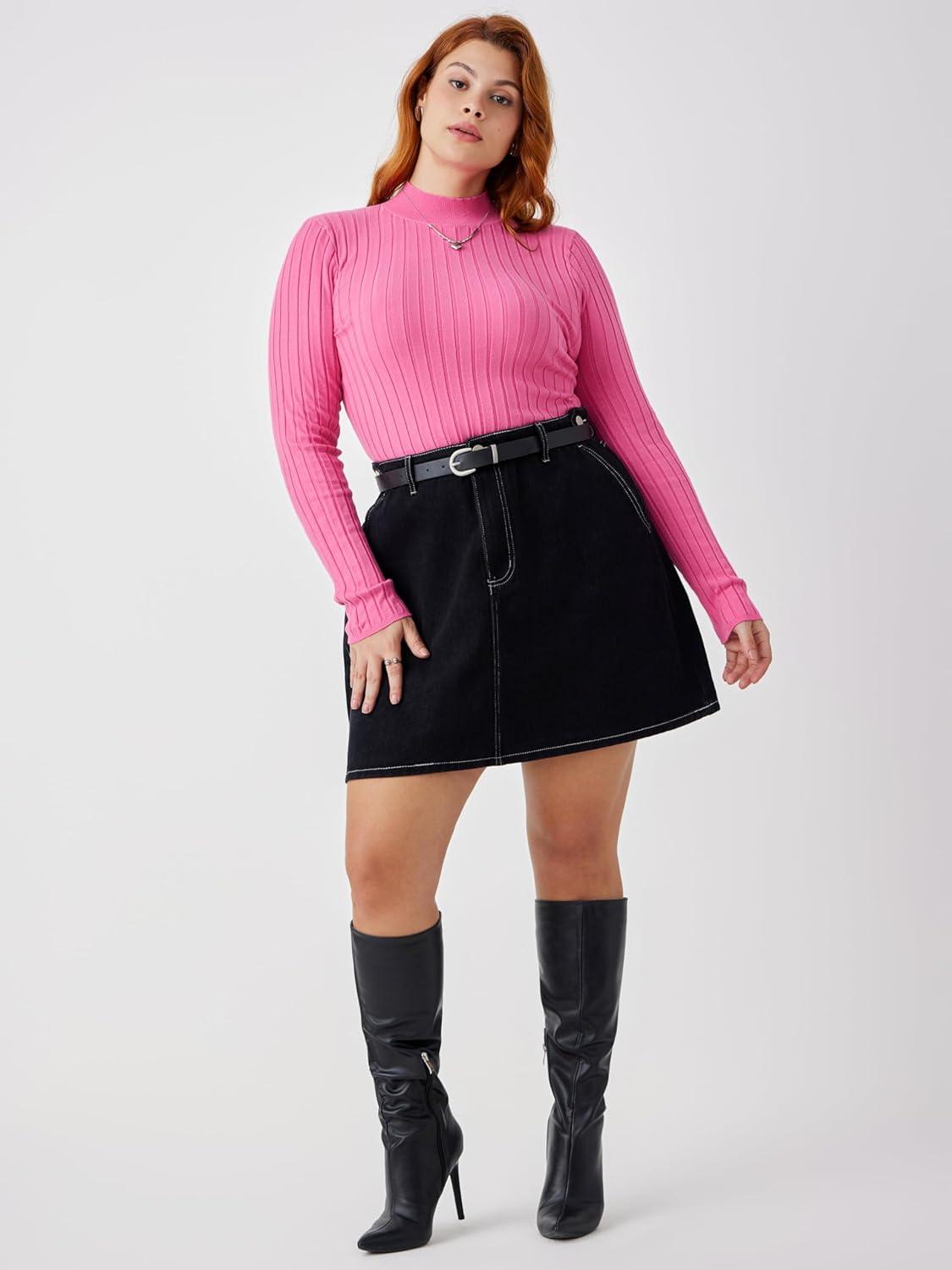 imageCIDER High Neck Rib Knit Sweater Curve ampamp PlusPink