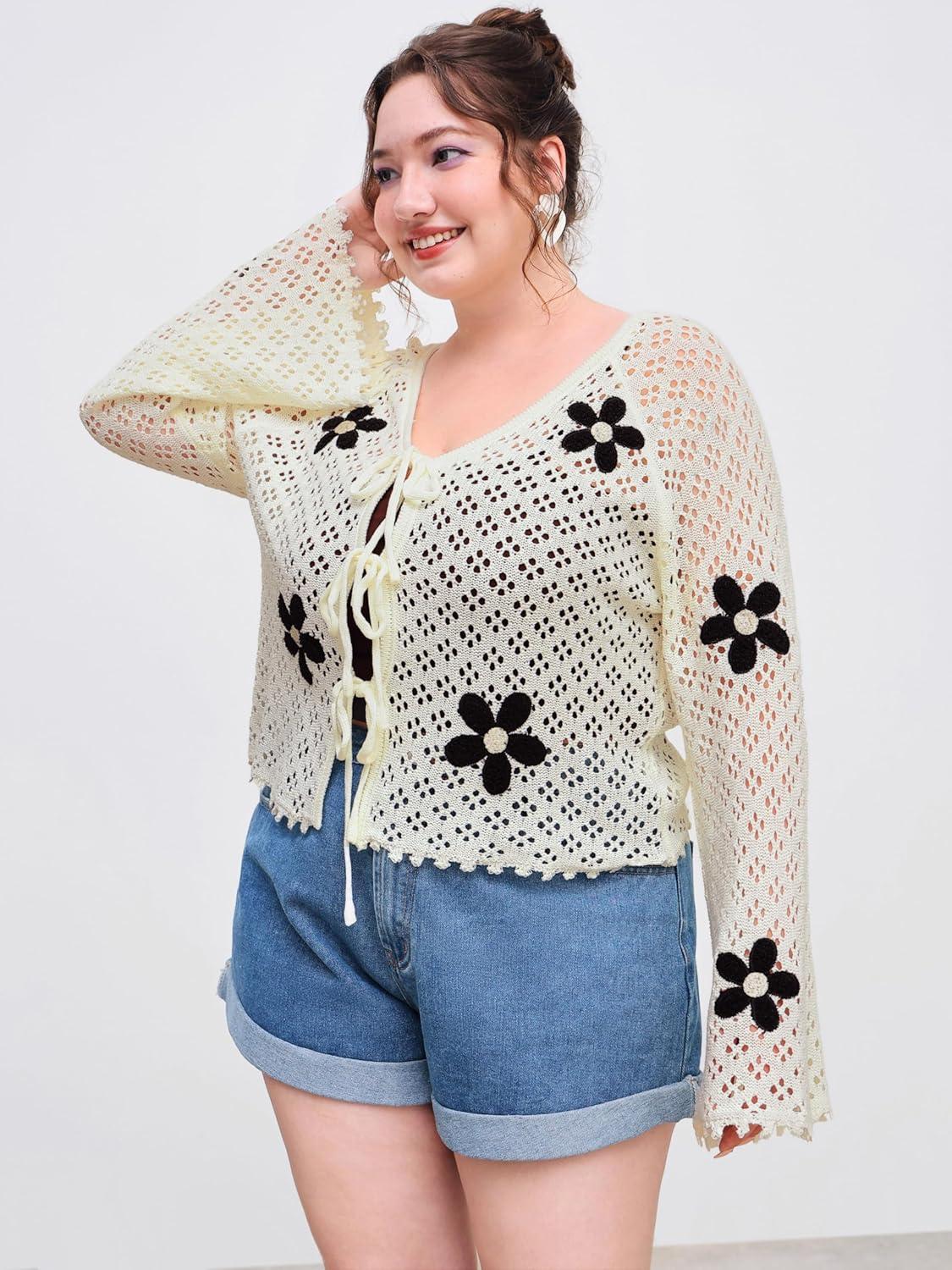 imageCIDER Knitted VNeck Floral Knotted Hollow Out Cardigan Curve ampamp PlusWhite