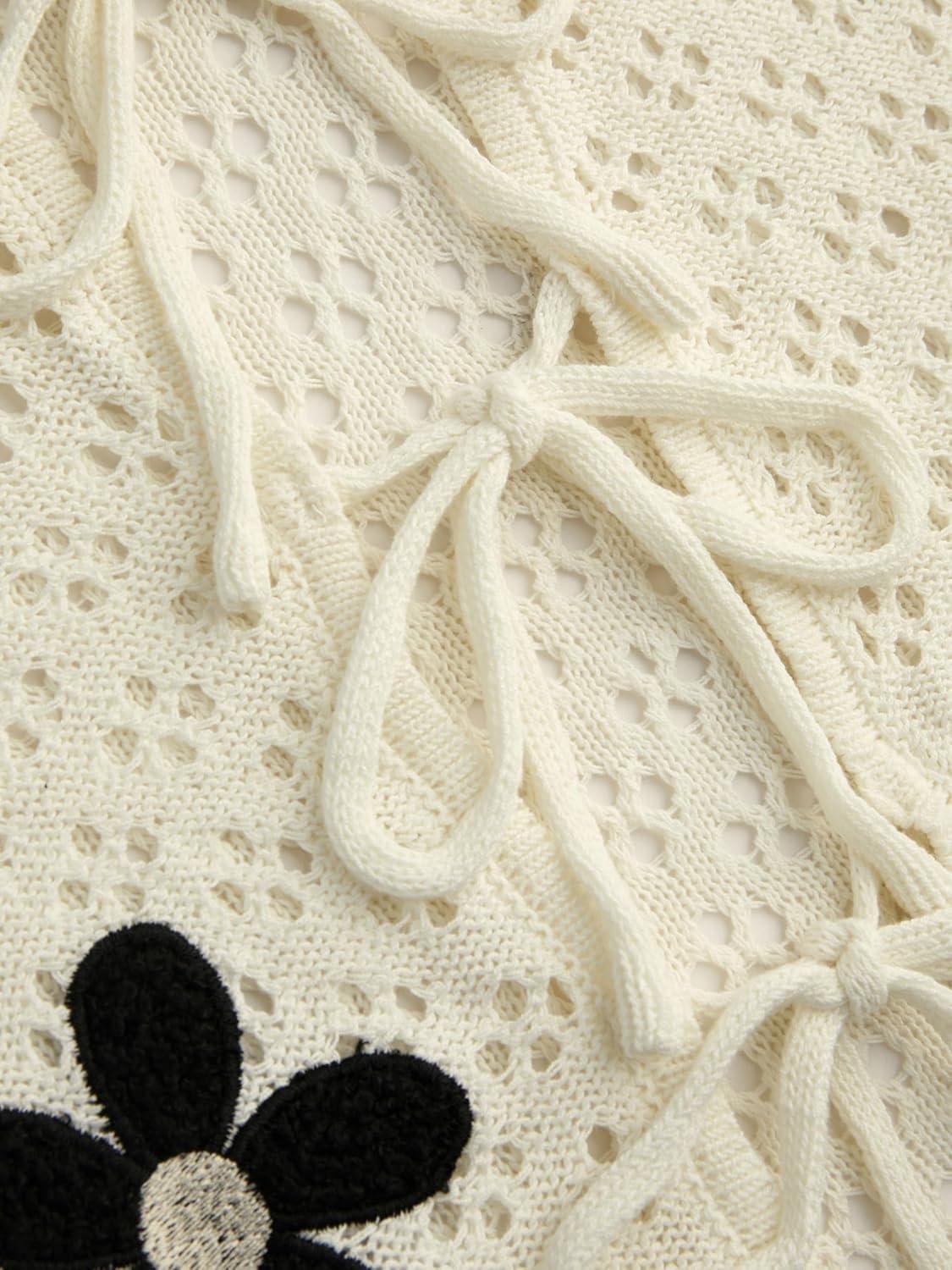 imageCIDER Knitted VNeck Floral Knotted Hollow Out Cardigan Curve ampamp PlusWhite