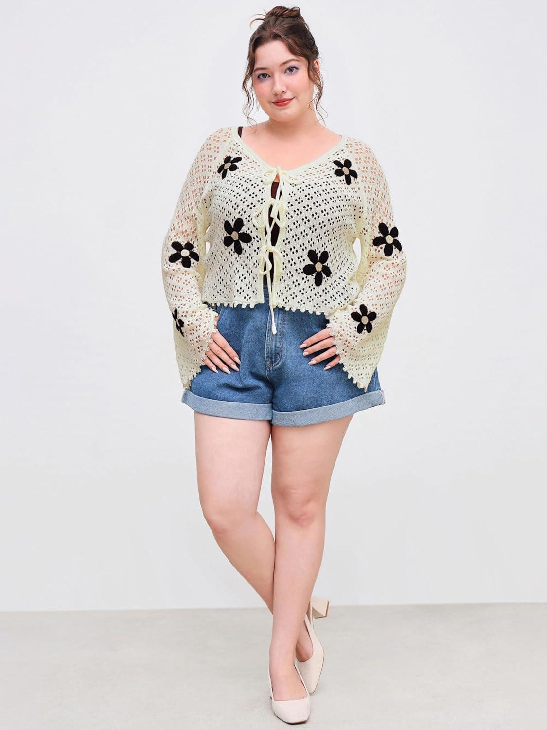 imageCIDER Knitted VNeck Floral Knotted Hollow Out Cardigan Curve ampamp PlusWhite
