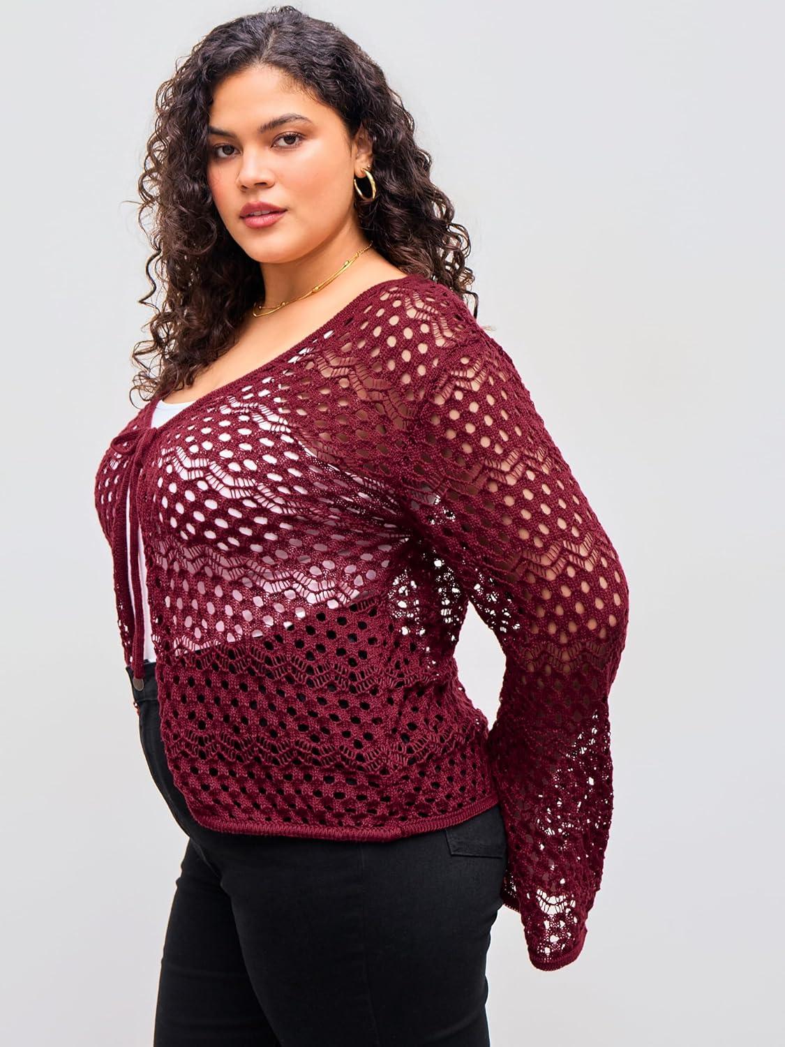 imageCIDER Knitted VNeck Hollow Out Knotted Long Sleeve Top Curve ampamp PlusWine