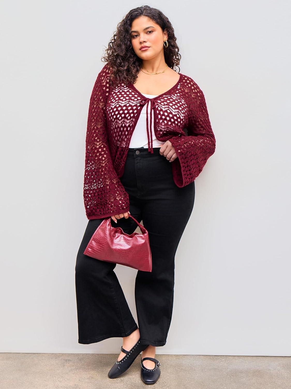 imageCIDER Knitted VNeck Hollow Out Knotted Long Sleeve Top Curve ampamp PlusWine