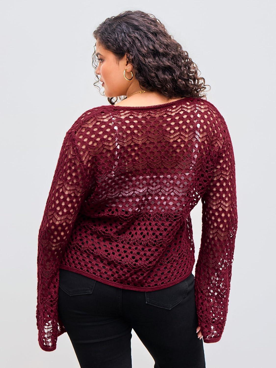 imageCIDER Knitted VNeck Hollow Out Knotted Long Sleeve Top Curve ampamp PlusWine