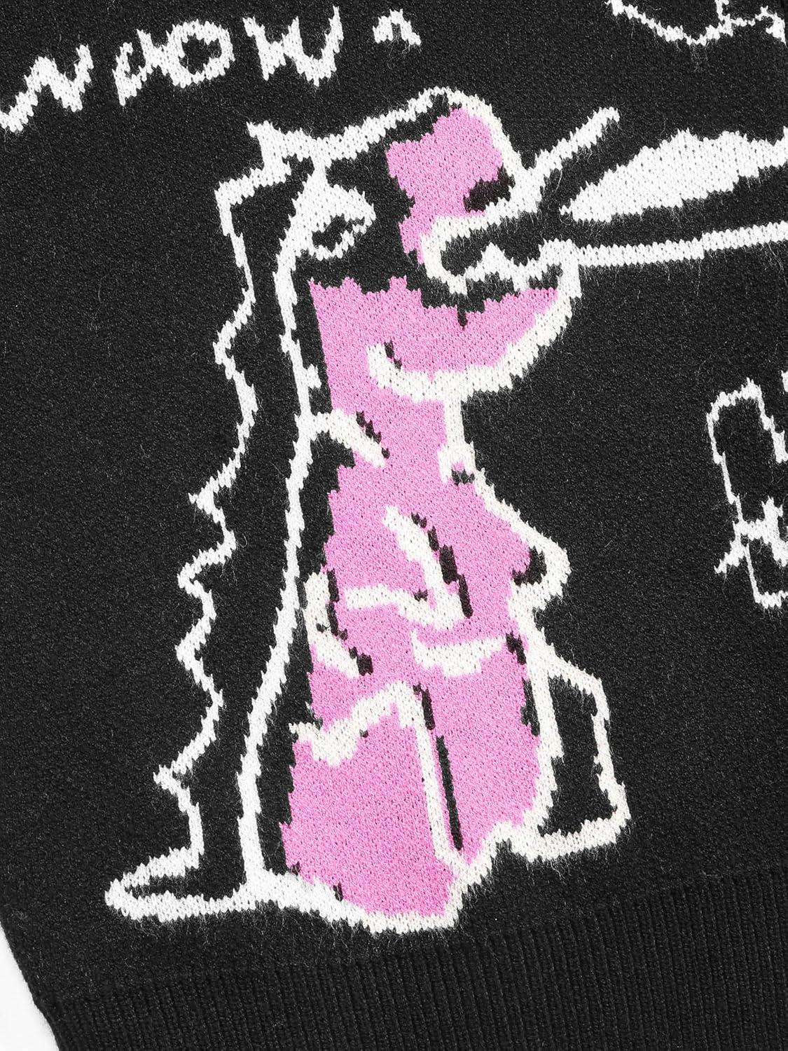 imageCIDER Womens Dinosaur Cardigan Graphic Streetwear Cute Patterned Preppy SweaterBlack